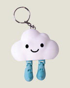 3D printed smiling cloud keychain with jiggly jointed legs